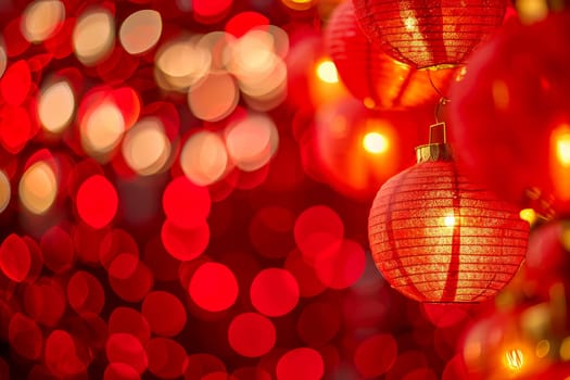 Chinese new year in china town. red lanterns bokeh background . AI generated..