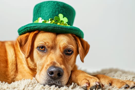 a dog portrait with a hat for St. Patrick's Day, in the style of fantasy illustration. Generative AI.