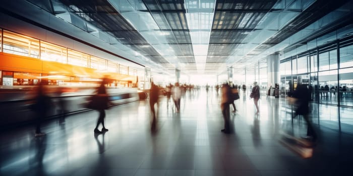 People passing at the airport. Motion Blur. Generative AI.