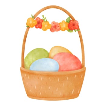 Cartoon-style wooden basket with a tall handle. Woven crate filled with colorful Easter eggs. Adorned with a wreath of vibrant spring flowers. Eco-friendly product. Watercolor isolated illustration.