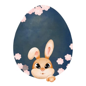 watercolor composition features an adorable bunny, an Easter egg, and pink spring flowers. Perfect for children's illustrations, festive stationery, and various creative projects.
