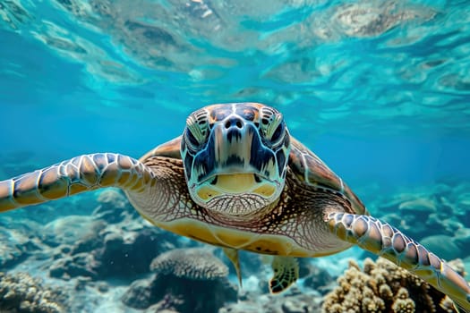 Sea turtle swims under water. Generative AI..