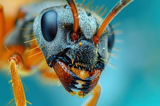 Ant face and head photo. Extreme macro close up portrait of an ant. Red and black ant. Generative AI..