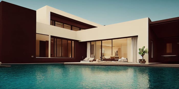 Luxury pool villa spectacular contemporary design digital art real estate , home, house and property, Generative AI illustration.