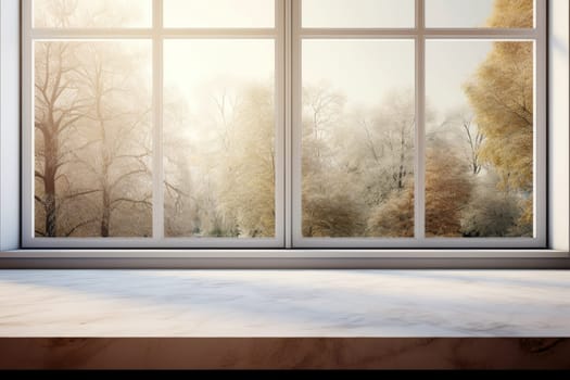 Empty White wooden table the background of a window for product Mockup. Generative AI.