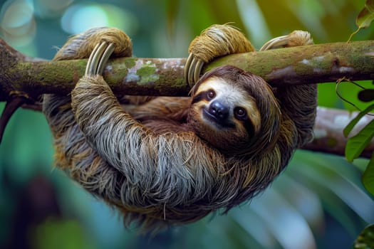 Cute sloth hanging on tree branch with funny face look, wild animal. Generative ai.