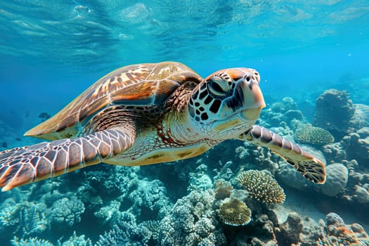 Sea turtle swims under water. Generative AI..