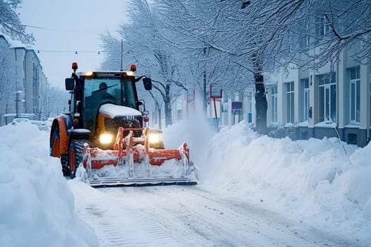 Tractor with Snow Plow Attachment Clearing Snow on Winter . Generative AI.