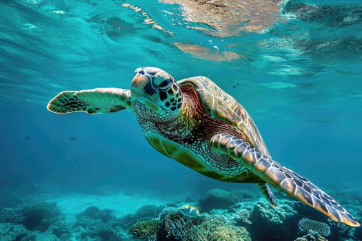 Sea turtle swims under water. Generative AI..