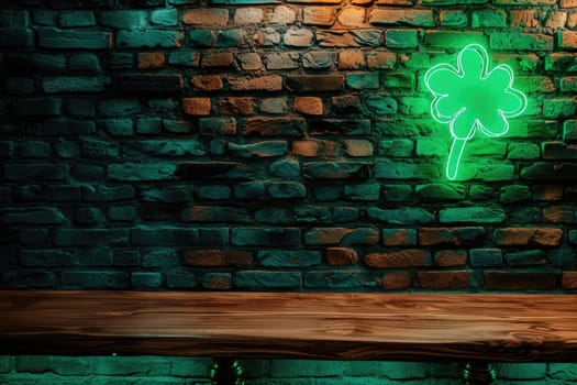 St. Patrick's Day concept. wooden table in front of shamrock leaf background . Generative Ai..