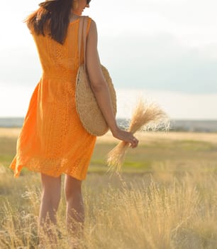 Beauty romantic girl outdoors. Rear view of a beautiful girl dressed in a casual orange dress with a straw hat and a straw bag in her hands in a field in the sunlight. Blows long hair. Autumn. Shine the sun, sunshine. backlit Warm tinted.