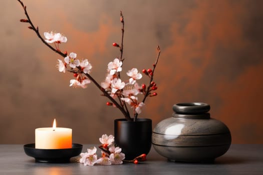 A vase with a candle and some flowers. Generative AI.