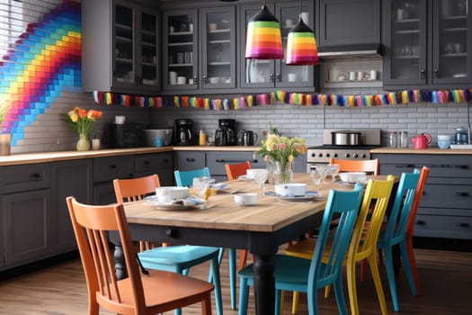 A kitchen with a wooden table and colorful chairs. Generative AI.