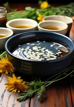 A bowl of soup sitting on top of a wooden table. Generative AI.