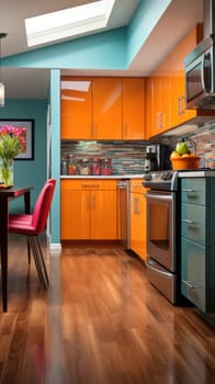 A kitchen with a wooden floor and orange cabinets. Generative AI.