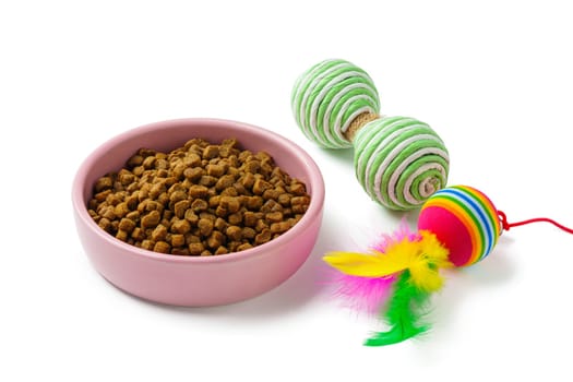 Bowl with dry pet food isolated on white background close up