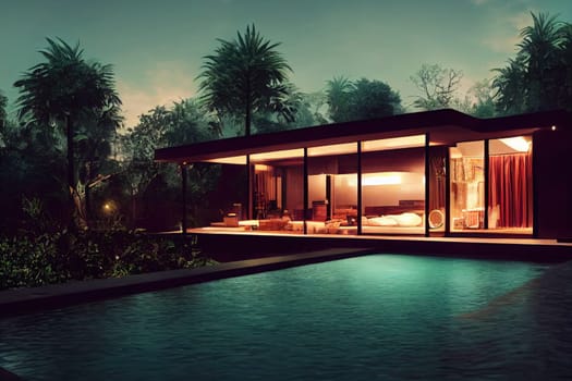 Luxury pool villa spectacular contemporary design digital art real estate , home, house and property, Generative AI illustration.