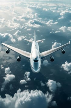 Aerial front view of a plane in the sky above clouds.