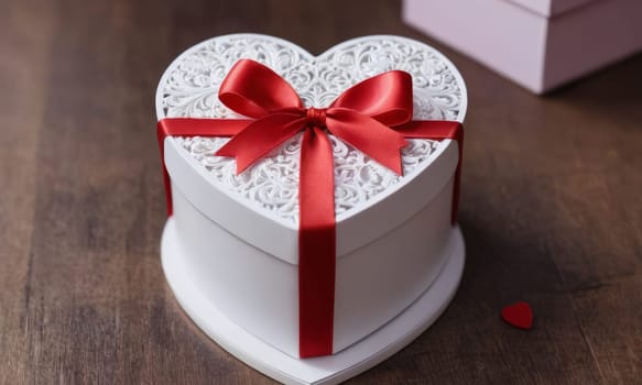A beautifully wrapped gift adorned with a vibrant red bow sits elegantly against a backdrop of more presents and festive decorations. The scene captures the spirit of giving and the joy of the holiday season.