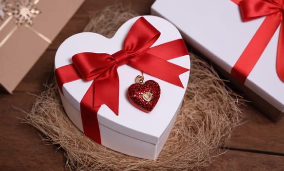A beautifully wrapped gift adorned with a vibrant red bow sits elegantly against a backdrop of more presents and festive decorations. The scene captures the spirit of giving and the joy of the holiday season.