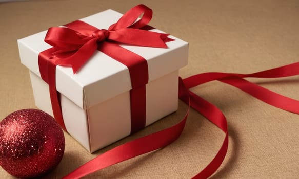 A beautifully wrapped gift adorned with a vibrant red bow sits elegantly against a backdrop of more presents and festive decorations. The scene captures the spirit of giving and the joy of the holiday season.