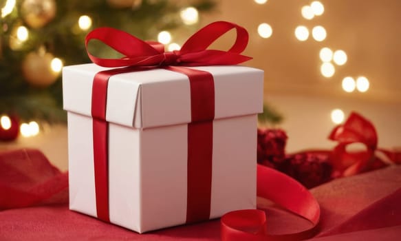 A beautifully wrapped gift adorned with a vibrant red bow sits elegantly against a backdrop of more presents and festive decorations. The scene captures the spirit of giving and the joy of the holiday season.