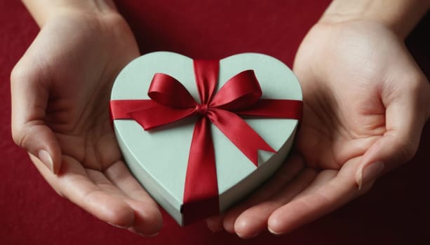 The image captures a tender moment of affection or love, with a warm and intimate setting. The wooden background contrasts with the smoothness of the hands and the gift box.