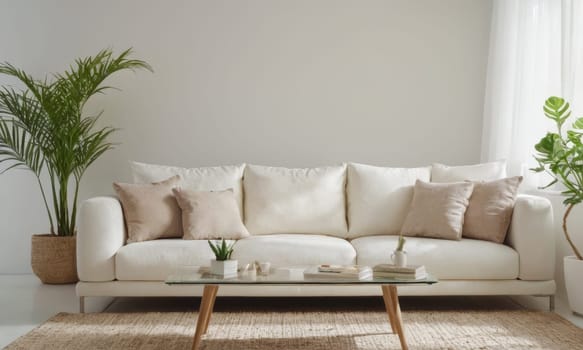 A bright and modern living room featuring a white sofa adorned with green cushions. The space is enhanced by various indoor plants and natural light pouring in through a large window. A perfect blend of comfort and contemporary style.