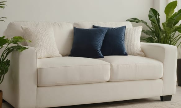 A bright and modern living room featuring a white sofa adorned with green cushions. The space is enhanced by various indoor plants and natural light pouring in through a large window. A perfect blend of comfort and contemporary style.