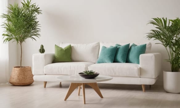 A bright and modern living room featuring a white sofa adorned with green cushions. The space is enhanced by various indoor plants and natural light pouring in through a large window. A perfect blend of comfort and contemporary style.