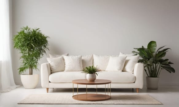 A bright and modern living room featuring a white sofa adorned with green cushions. The space is enhanced by various indoor plants and natural light pouring in through a large window. A perfect blend of comfort and contemporary style.