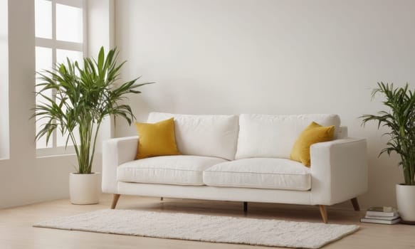 A bright and modern living room featuring a white sofa adorned with green cushions. The space is enhanced by various indoor plants and natural light pouring in through a large window. A perfect blend of comfort and contemporary style.