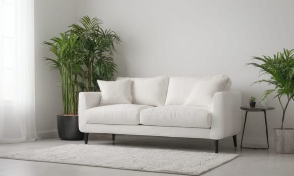 A bright and modern living room featuring a white sofa adorned with green cushions. The space is enhanced by various indoor plants and natural light pouring in through a large window. A perfect blend of comfort and contemporary style.