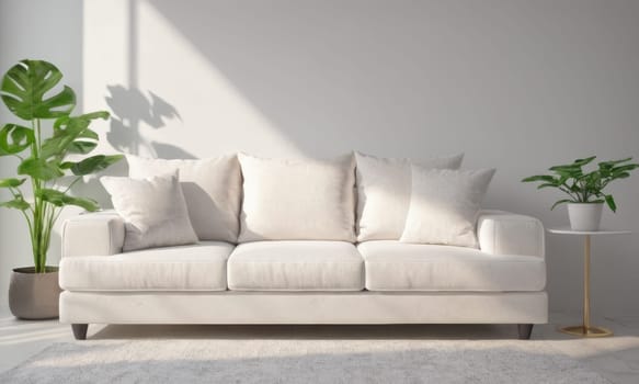 A bright and modern living room featuring a white sofa adorned with green cushions. The space is enhanced by various indoor plants and natural light pouring in through a large window. A perfect blend of comfort and contemporary style.