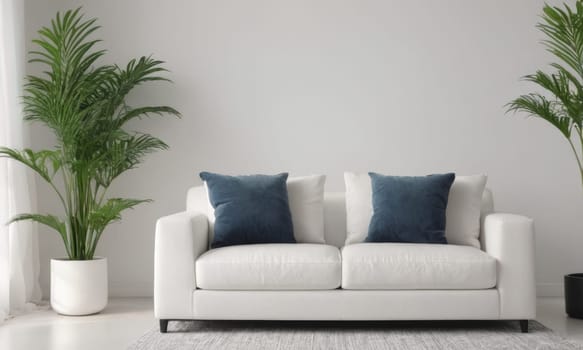 A bright and modern living room featuring a white sofa adorned with green cushions. The space is enhanced by various indoor plants and natural light pouring in through a large window. A perfect blend of comfort and contemporary style.