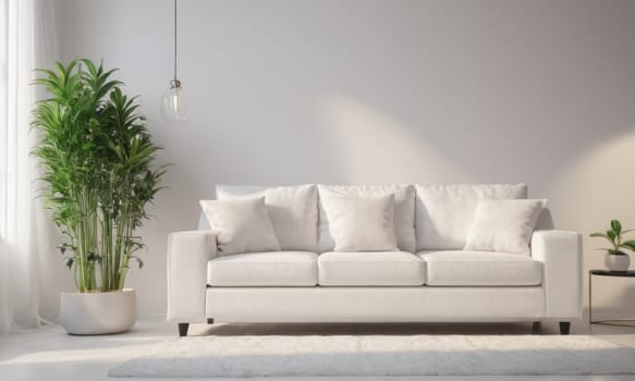 A bright and modern living room featuring a white sofa adorned with green cushions. The space is enhanced by various indoor plants and natural light pouring in through a large window. A perfect blend of comfort and contemporary style.