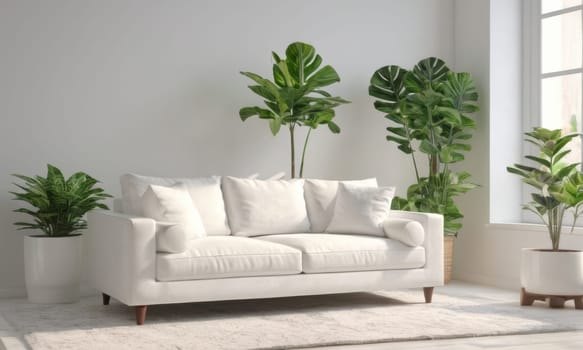 A bright and modern living room featuring a white sofa adorned with green cushions. The space is enhanced by various indoor plants and natural light pouring in through a large window. A perfect blend of comfort and contemporary style.