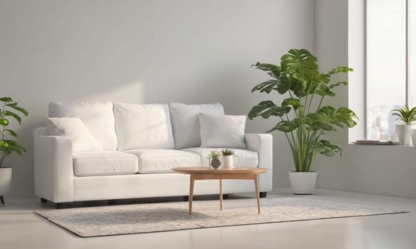 A bright and modern living room featuring a white sofa adorned with green cushions. The space is enhanced by various indoor plants and natural light pouring in through a large window. A perfect blend of comfort and contemporary style.