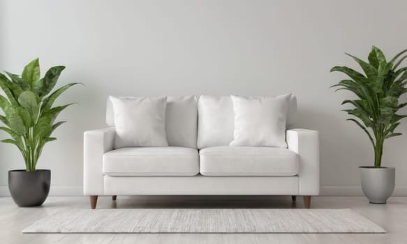 A bright and modern living room featuring a white sofa adorned with green cushions. The space is enhanced by various indoor plants and natural light pouring in through a large window. A perfect blend of comfort and contemporary style.