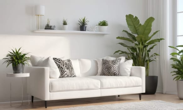 A bright and modern living room featuring a white sofa adorned with green cushions. The space is enhanced by various indoor plants and natural light pouring in through a large window. A perfect blend of comfort and contemporary style.