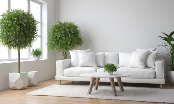 A bright and modern living room featuring a white sofa adorned with green cushions. The space is enhanced by various indoor plants and natural light pouring in through a large window. A perfect blend of comfort and contemporary style.