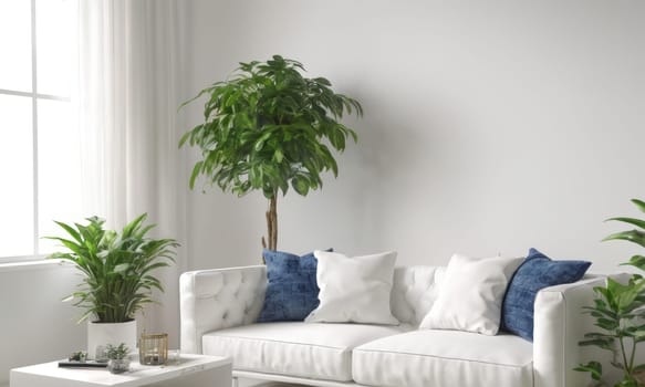 A bright and modern living room featuring a white sofa adorned with green cushions. The space is enhanced by various indoor plants and natural light pouring in through a large window. A perfect blend of comfort and contemporary style.