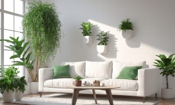 A bright and modern living room featuring a white sofa adorned with green cushions. The space is enhanced by various indoor plants and natural light pouring in through a large window. A perfect blend of comfort and contemporary style.