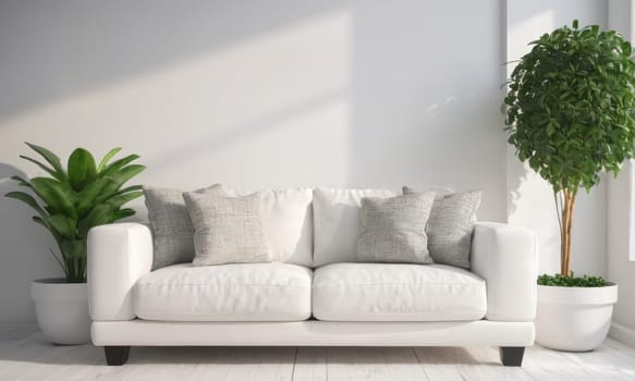 A bright and modern living room featuring a white sofa adorned with green cushions. The space is enhanced by various indoor plants and natural light pouring in through a large window. A perfect blend of comfort and contemporary style.