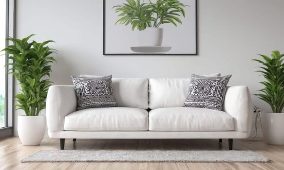 A bright and modern living room featuring a white sofa adorned with green cushions. The space is enhanced by various indoor plants and natural light pouring in through a large window. A perfect blend of comfort and contemporary style.