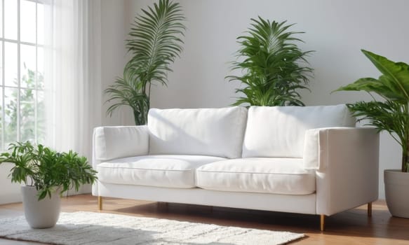 A bright and modern living room featuring a white sofa adorned with green cushions. The space is enhanced by various indoor plants and natural light pouring in through a large window. A perfect blend of comfort and contemporary style.