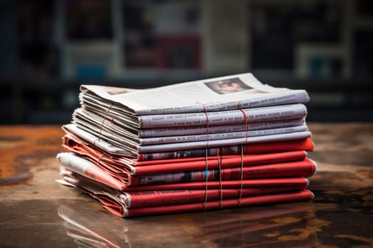 A stack of newspapers on a wooden table.