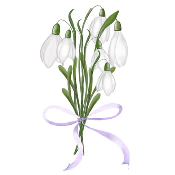 Snowdrops watercolor botanical flowers in elegant bouquet with ribbon. Hand drawing on isolated white background. Spring first woodland plants for Mother's Day, March 8 and Easter card designs. Delicate botanical painting. High quality photo