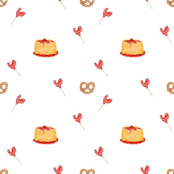 Shrovetide watercolor pattern with pancakes on a teeter totter, pretzel and rooster. Seamless illustration with traditional Christian holiday objects. Russian Maslenitsa week. For printing on fabrics and kitchen textiles. High quality photo