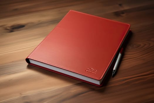 Closed red notebook on a wooden table.